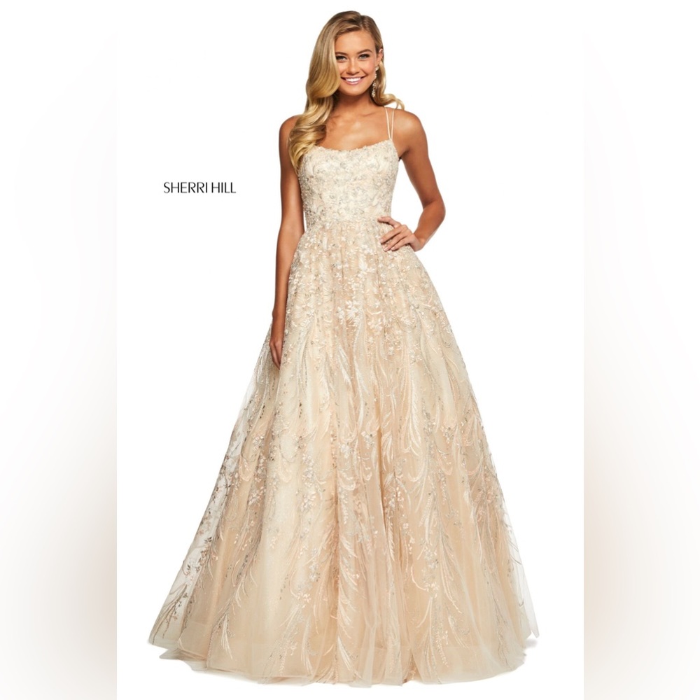 Sherri Hill champagne ballgown dress.